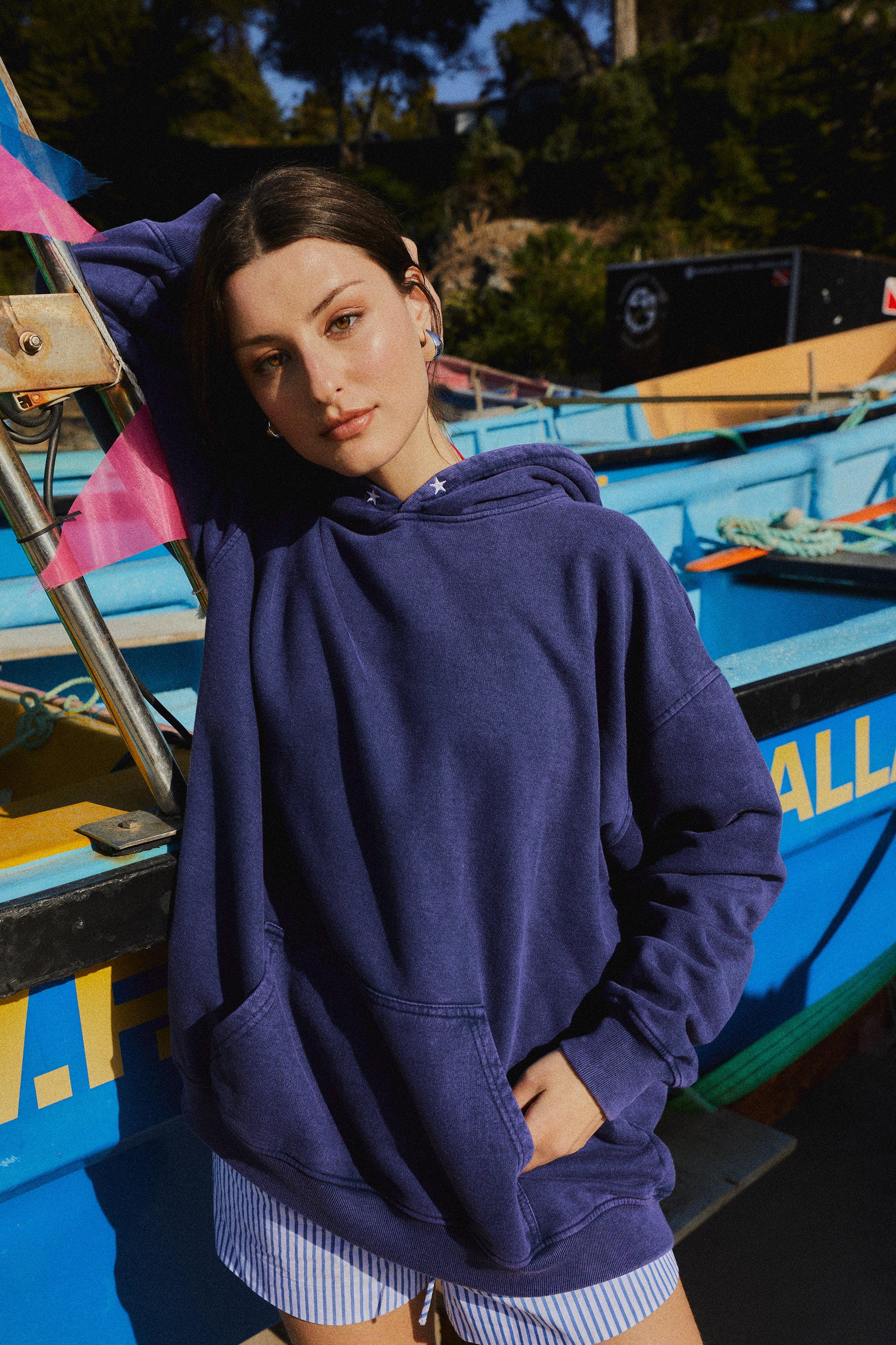 HOODIE CONS STARS BLUE ACID WASH OVERSIZE